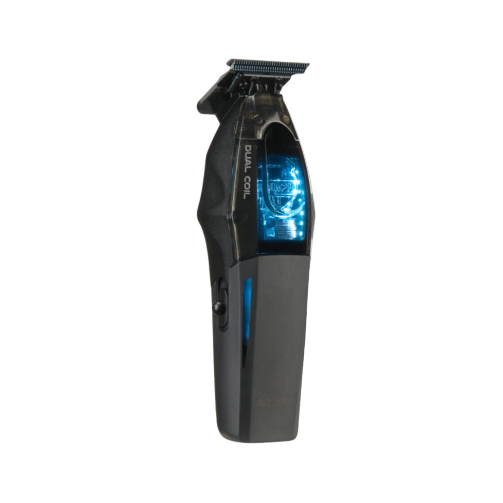 Black and blue hair trimmer on a white background
