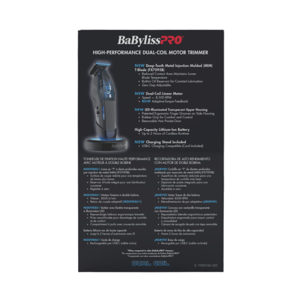 BaBylissPro Dual Coil 
hair trimmer packaging with product details on a white background