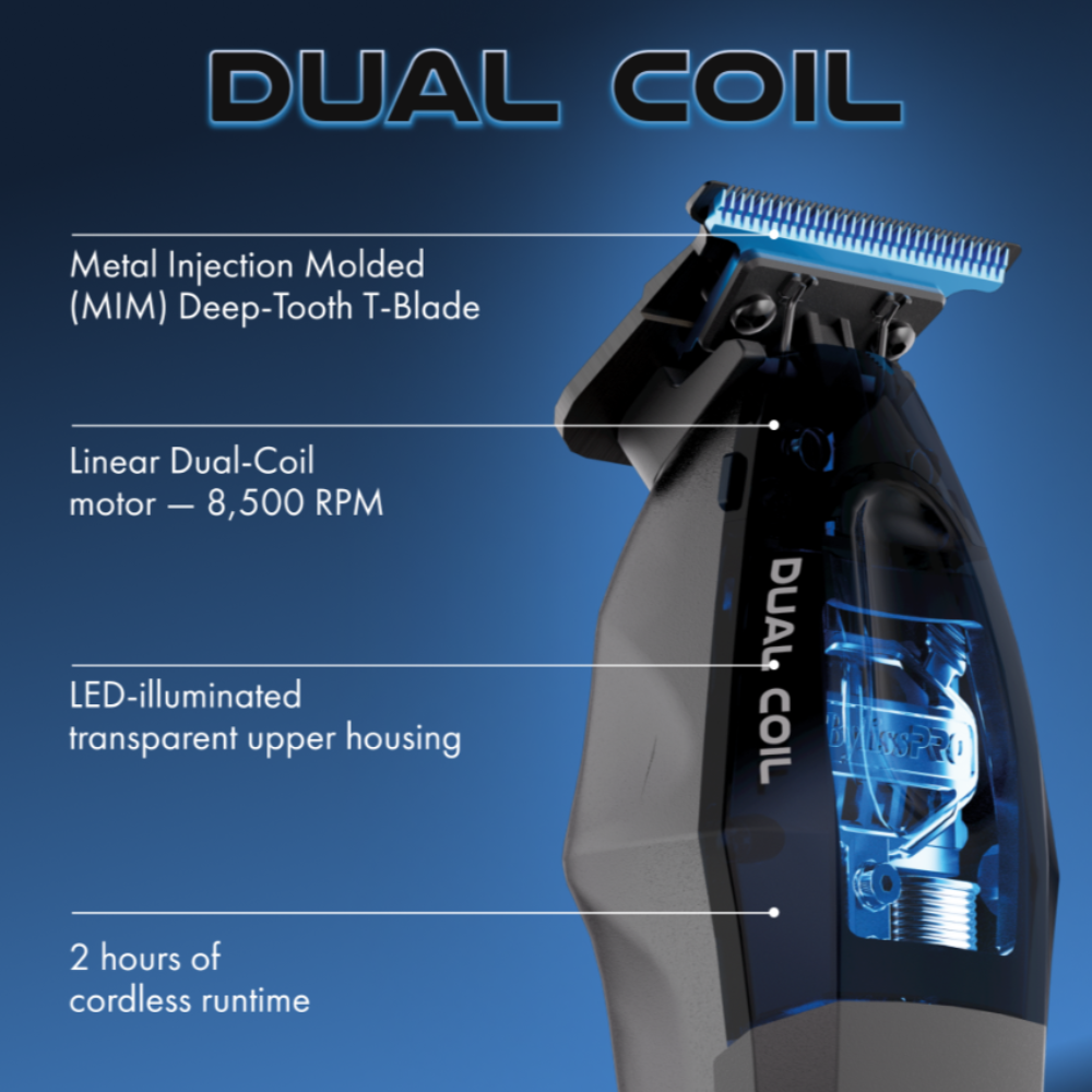 Trimmer with dual coil motor and LED illumination on a blue background