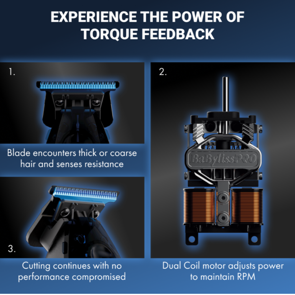 Advertisement for a hair styling tool with text about torque feedback and motor design.
