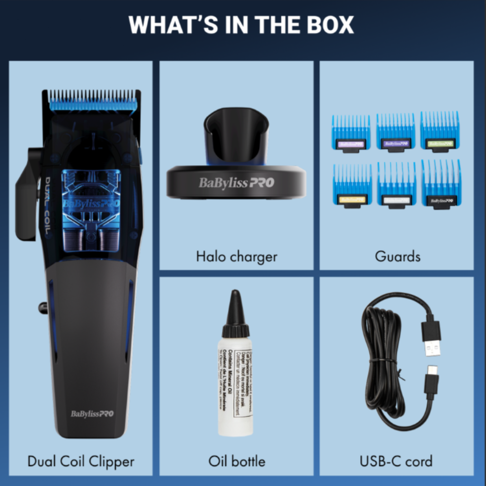 List of items included in a BaByliss Pro Dual Coil hair styling kit on a blue background