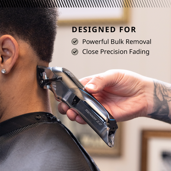 Person using a hair trimmer with text highlighting features on a blurred background