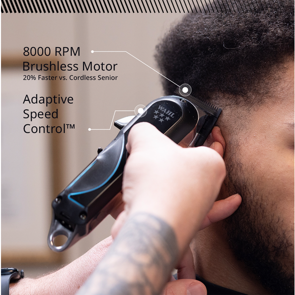 Person using a Wahl hair trimmer with text highlighting features on a neutral background