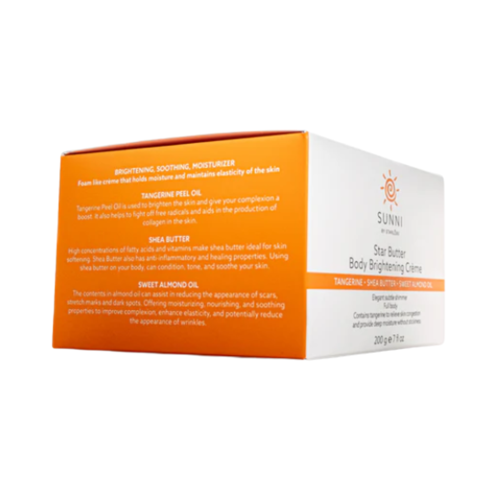 Sunni at sea Star Butter Body Brightening Cream in a white and orange cardboard box, displayed on a clean white background.