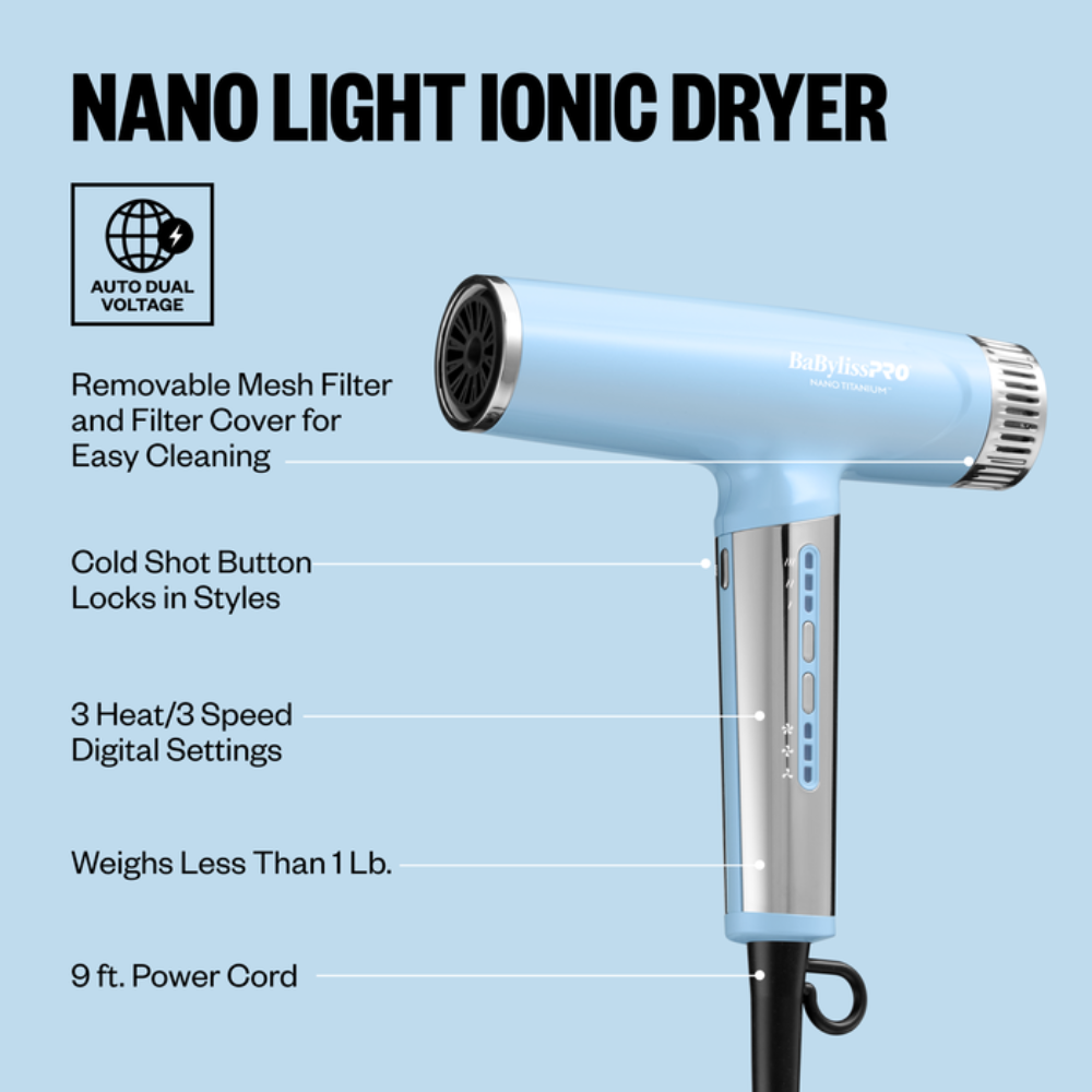 BABYLISSPRO NANO TITANIUM LIMITED EDITION NANO LIGHT ICONIC DRYER ICED BLUE | BNTC9200LB