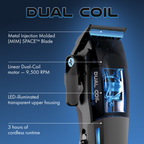 Hair clipper dual cpoil with features highlighted on a blue background