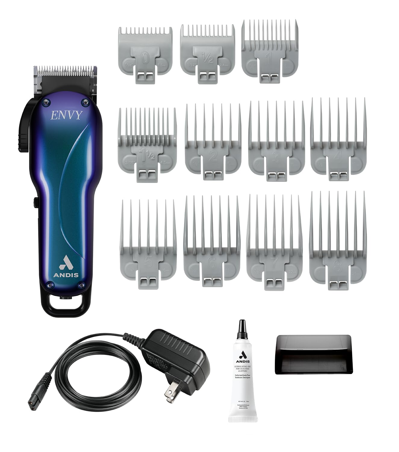 Andis Envy hair clipper set with multiple attachments on a white background
