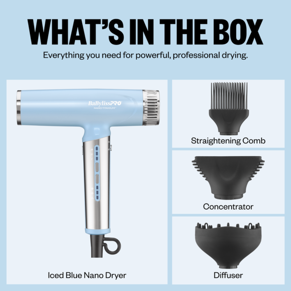 BABYLISSPRO NANO TITANIUM LIMITED EDITION NANO LIGHT ICONIC DRYER ICED BLUE | BNTC9200LB
