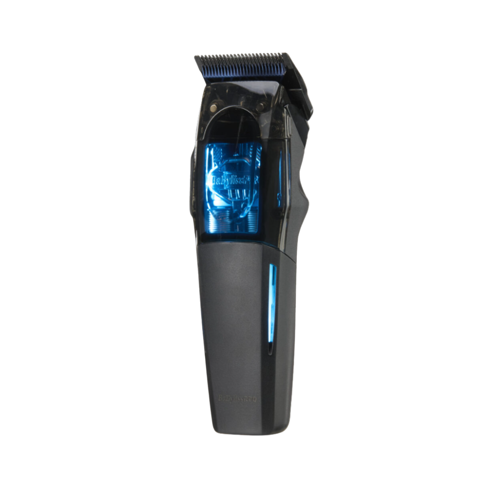 Dual Coil Black hair trimmer with blue light on a white background