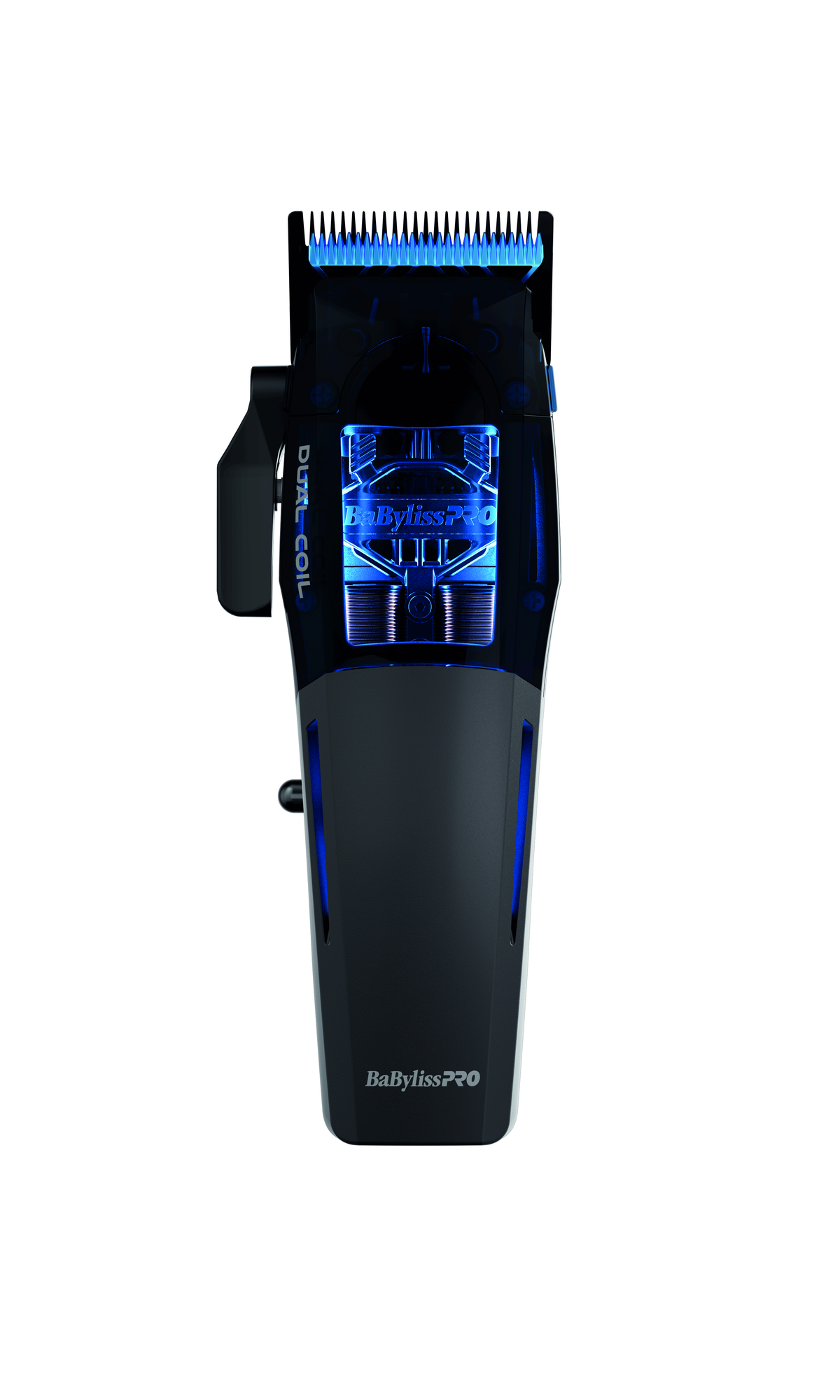 Dual coil Black and blue hair trimmer on a white background