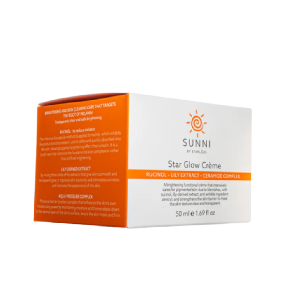 Sunni by Stella Lux Star Glow Crème skincare box, featuring a white and orange color scheme with product details on the front and side panels.