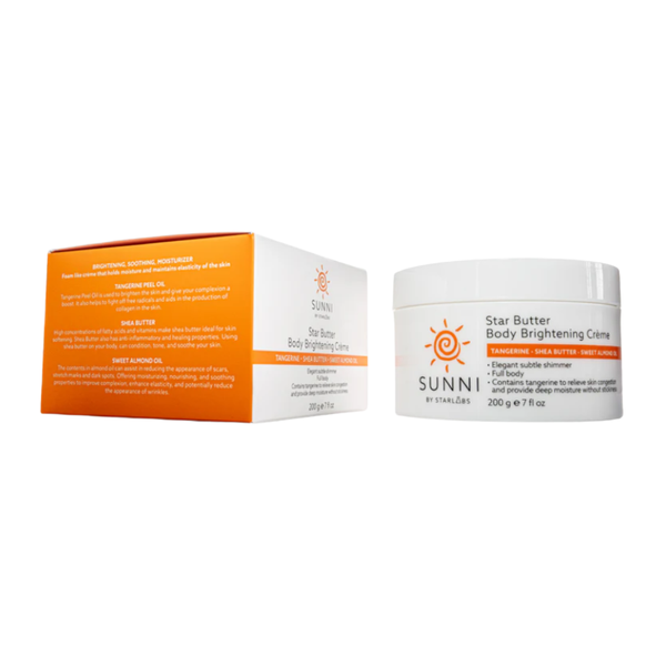 Sunni by Sunni Star Butter Body Brightening Cream shown with its white and orange product box and a white plastic jar with a white lid on a plain white background.