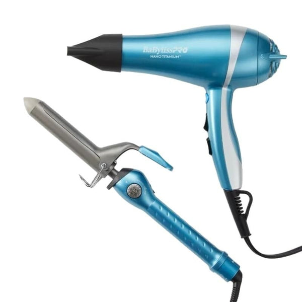 BABYLISSPRO NANO TITANIUM PROFESSIONAL LIGHTWEIGHT IONIC DRYER 1" SPRING CURLING IRON GIFT SET| BNTPP68