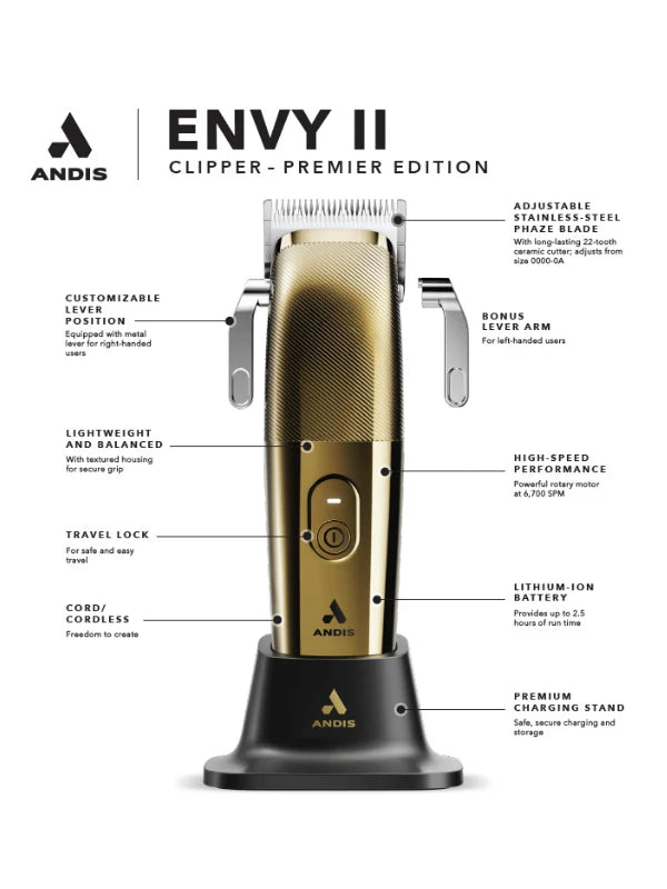 Andis Envy II Clipper Premier Edition with features listed on a white background