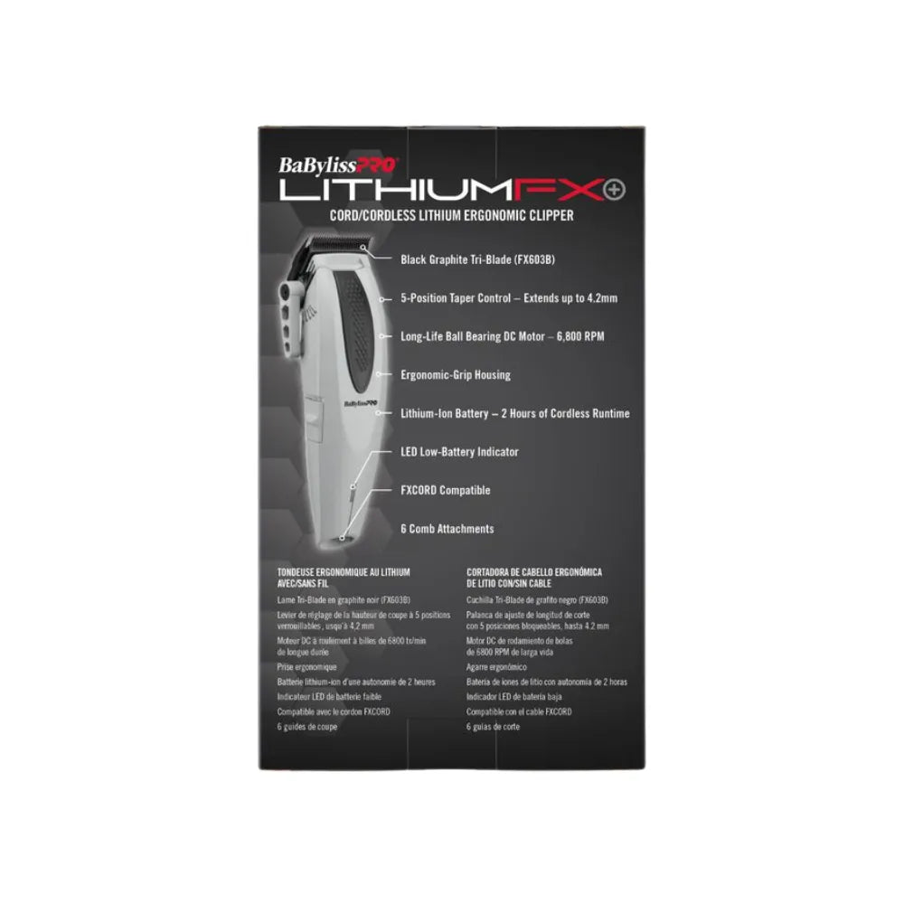 BABYLISSPRO LITHIUMFX+ LIMITED EDITION GREY CORD/CORDLESS LITHIUM ERGONOMIC CLIPPER | FX673NSGY