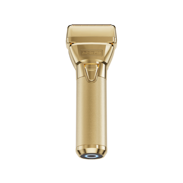 BaBylissPRO FXONE GoldFX Double-Foil Shaver FX79FSG in gold finish with dual foil shaving heads for professional grooming.