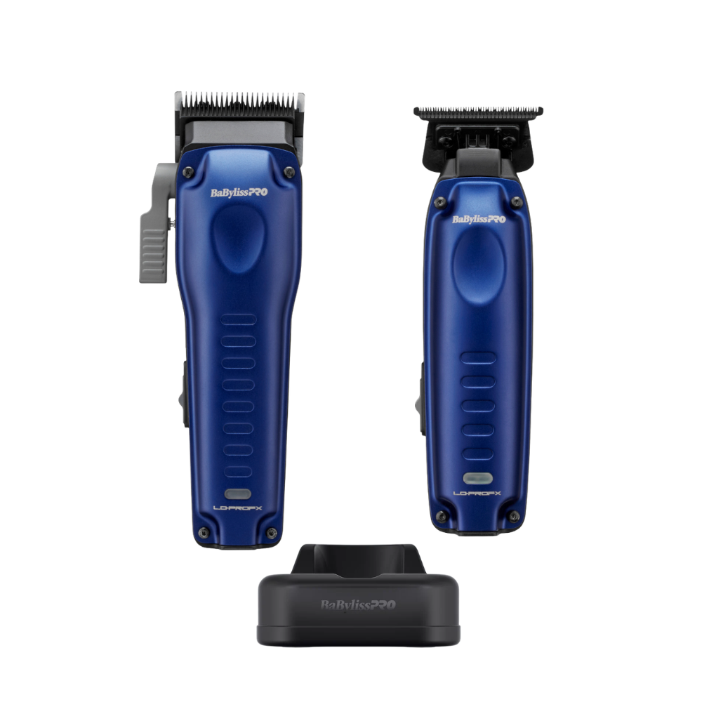BaBylissPRO LO-PROFX Compact Series LE clipper and trimmer set in blue with matching charging base