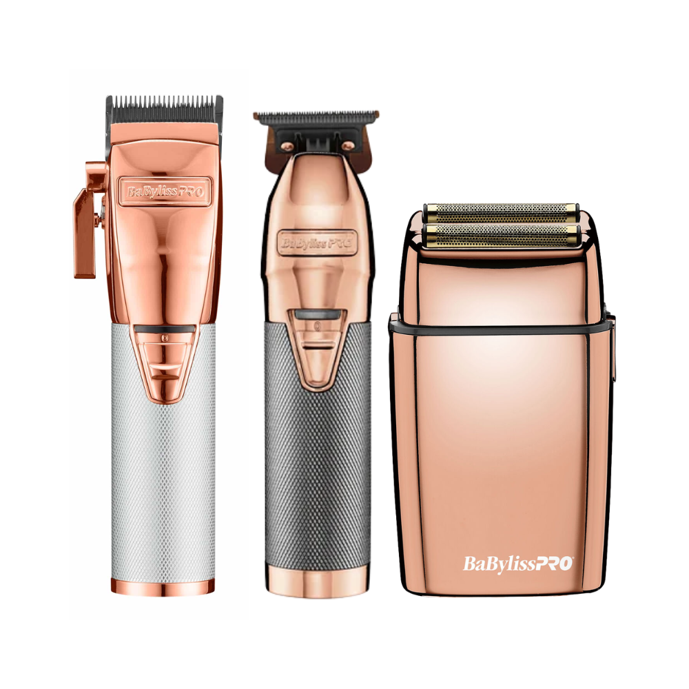 BaBylissPRO RoseFX cordless clipper, trimmer, and double foil shaver combo in matching rose gold finish for professional barbering.