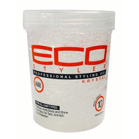 Clear jar of Eco Styler Krystal gel with red and black text on a white background